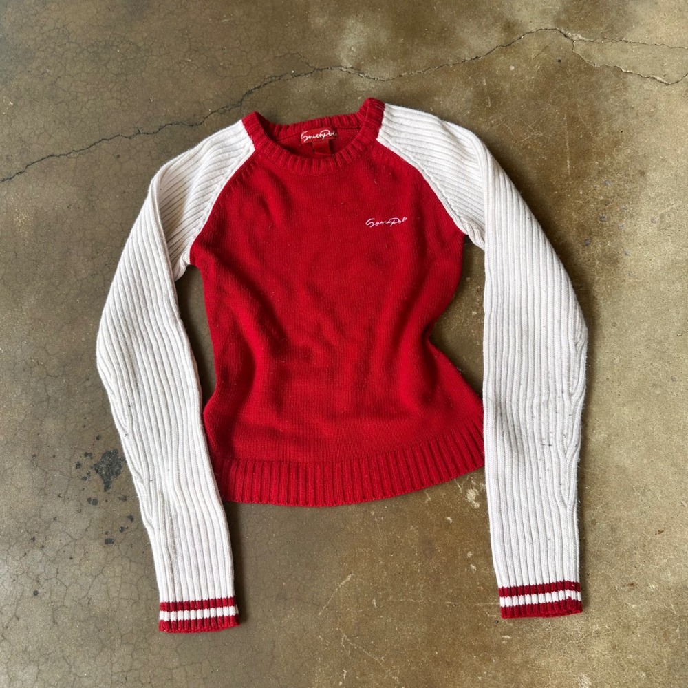 Southpole Sweater Women Medium Red Excellent Y2K Raglan Ribbed Sleeve Knit